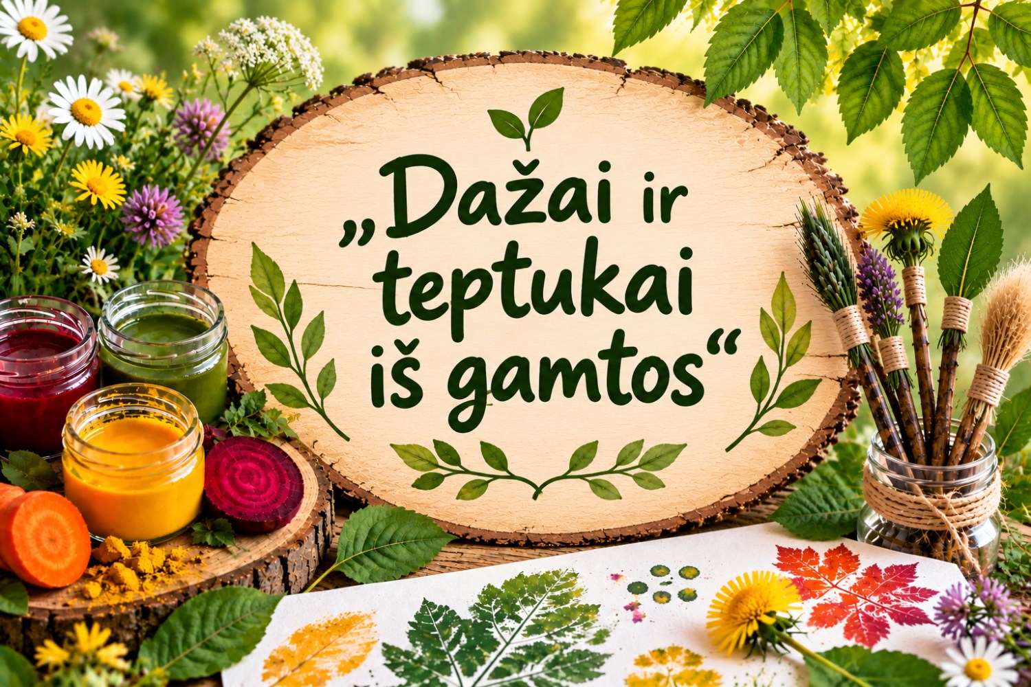 Kūrybinių darbų parodos „Dažai ir teptukai iš gamtos“ plakatas