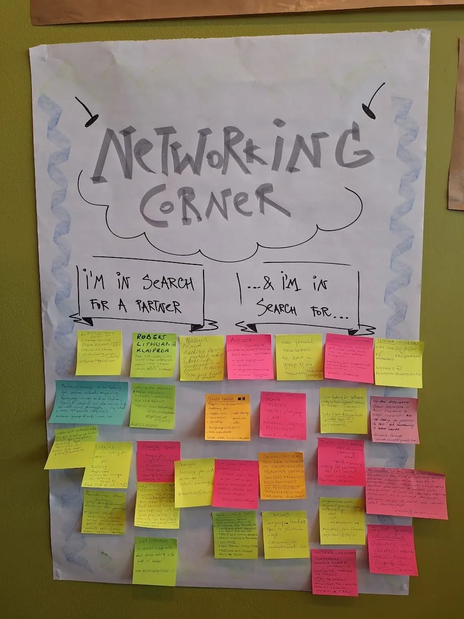 Partnerių paieškos stendas „Networking Corner“ su spalvotais dalyvių užrašais